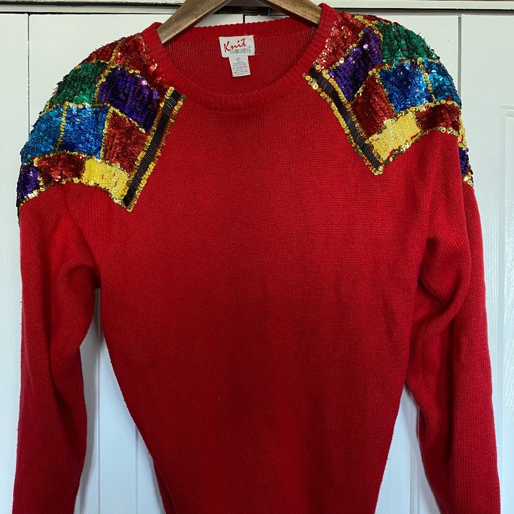 80's Knit Concepts Women's Sweater with Sequin Shoulders/Velcro Shoulder Pads, M